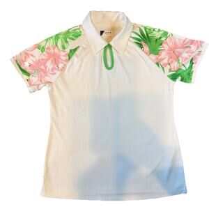 Izod Golf Women’s size Small Shirt White Tropical Polo One Button Short Sleeve